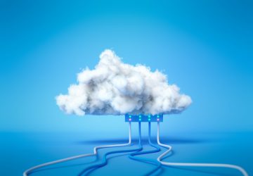 3D render Cloud computing service, cloud data storage technology hosting concept. white cloud with cables on blue background. 3d illustration.