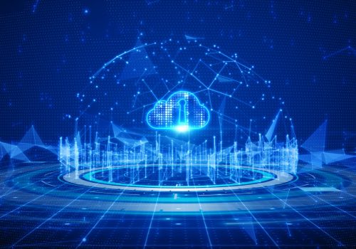 Digital data network connection cloud computing and global communication. 5g high speed connection data analysis. Technology data binary code network conveying connectivity on a blue background.